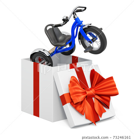 Tricycle, kids bicycle inside gift box, present concept. 3D rendering 73246161