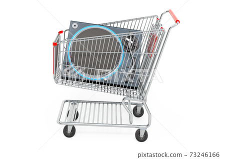 Shopping cart with phonograph turntable, 3D rendering Shopping cart with phonograph turntable, 3D rendering 73246166