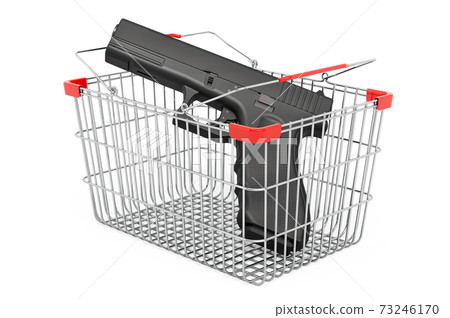 Shopping basket with handgun. 3D rendering 73246170