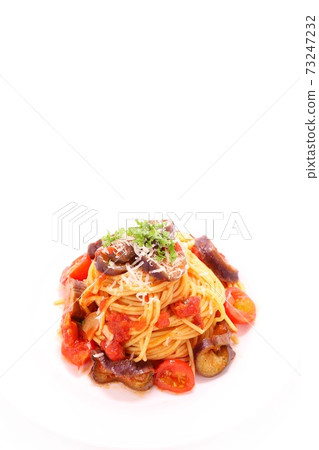 Eggplant and tomato spaghetti bright background Eggplant and tomato spaghetti bright background 73247232