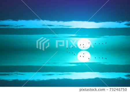 reflection of sunset back on evening light blue cloud on the sky and birds flying to home 73248750