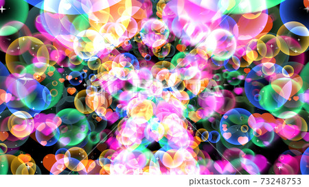 Rainbow reflection bubbles with hearts floating on black background with white star 73248753