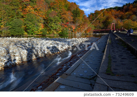 Autumn leaves, flow and red bridge 73249609