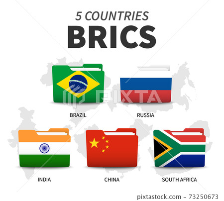 BRICS . Association of 5 countries . Folder flag design . White isolated background and country map . Vector . 73250673