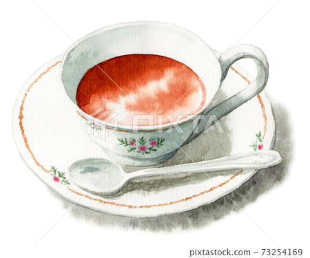 紅茶倒入模擬水彩奢侈品牌風格的茶杯中 73254169