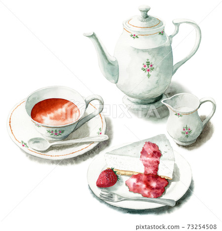 Analog watercolor cake set Rare cheesecake and tea 73254508