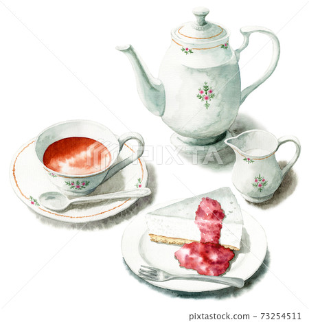 Analog watercolor cake set Rare cheesecake and tea 73254511