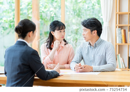 Middle-aged couple discussing life plan with planner 73254734