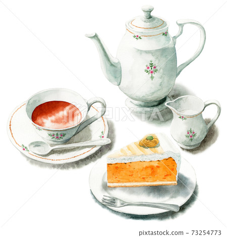 模擬水彩蛋糕套裝茶和南瓜t 73254773