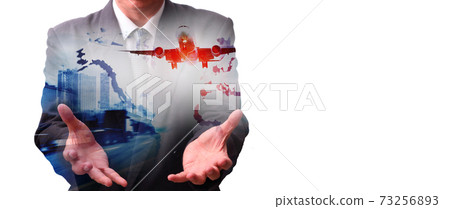 Double exposure of man with  logistic network distribution on background and Logistics Industrial Container Cargo freight ship for shipping and Transportation, import-export 73256893