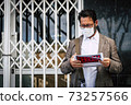 Portrait of man wear medical mask for coronavirus economy crisis with closed business and for sale panel - concept of unemployed people after covid-19 lockdown and restrictions for emergency 73257566