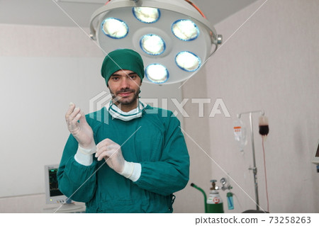 surgeons man wearing safety masks performing operation. Medicine concept 73258263