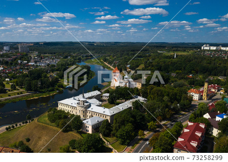 Top view of the city center of Grodno, Belarus. The historic centre with its red-tiled roof,the castle and the Opera house 73258299