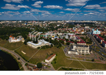 Top view of the city center of Grodno, Belarus. The historic centre with its red-tiled roof,the castle and the Opera house 73258308