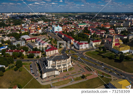 Top view of the city center of Grodno, Belarus. The historic centre with its red-tiled roof,the castle and the Opera house 73258309