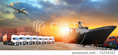 The world logistics , there are world map with logistic network distribution on background and Logistics Industrial Container Cargo freight ship for Concept of fast or instant shipping 73259105