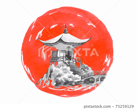 Japan traditional sumi-e painting. Temple. Fuji mountain, sakura, sunset. Japan sun. Indian ink illustration. Japanese picture. 73259129