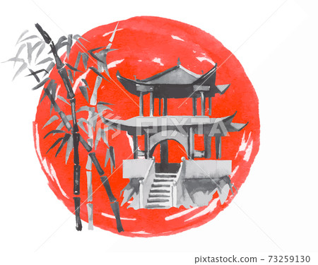 Japan traditional sumi-e painting. Temple. Fuji mountain, sakura, sunset. Japan sun. Indian ink illustration. Japanese picture. 73259130