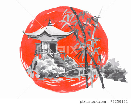 Japan traditional sumi-e painting. Temple. Fuji mountain, sakura, sunset. Japan sun. Indian ink illustration. Japanese picture. 73259131