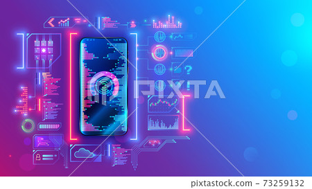 Mobile application development technology concept. Coding, programming apps for smartphones and mobile devices. Engineering or build of user interface layout cell phone. Mobile software of web service 73259132