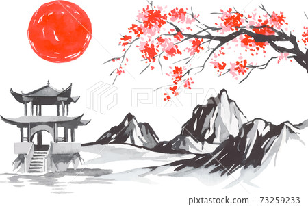Japan traditional sumi-e painting. Fuji mountain, sakura, sunset. Japan sun. Indian ink vector illustration. Japanese picture. 73259233
