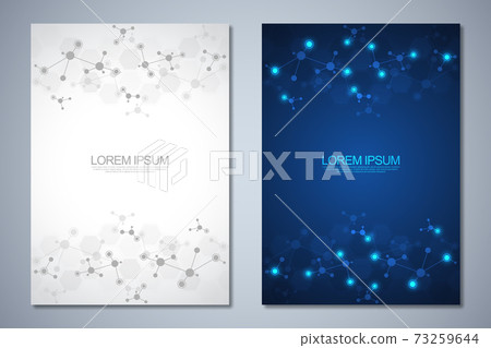 Templates brochure or cover book, page layout, flyer design with abstract background of molecular structures and DNA strand. Concept and idea for innovation technology, medical research, science. Templates brochure or cover book, page layout, flyer design with abstract background of molecular structures and DNA strand. Concept and idea for innovation technology, medical research, science. 73259644