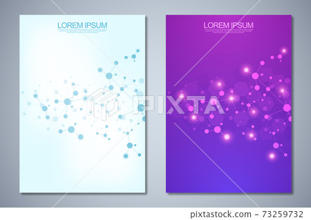 Templates brochure or cover book, page layout, flyer design with abstract background of molecular structures and DNA strand. Concept and idea for innovation technology, medical research, science. Templates brochure or cover book, page layout, flyer design with abstract background of molecular structures and DNA strand. Concept and idea for innovation technology, medical research, science. 73259732