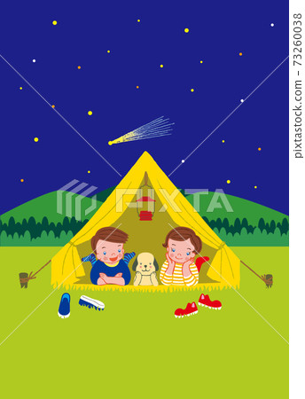 Two children and a dog looking at the stars from the tent Two children and a dog looking at the stars from the tent 73260038