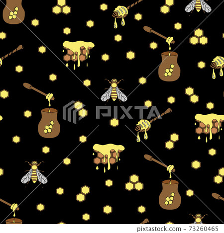 Vector colored pattern with sweet honey elements. Repeating pattern with honeycombs, honey, bees and jar. Seamless pattern for textile or wrapping paper isolated on black background Vector colored pattern with sweet honey elements. Repeating pattern with honeycombs, honey, bees and jar. Seamless pattern for textile or wrapping paper isolated on black background 73260465