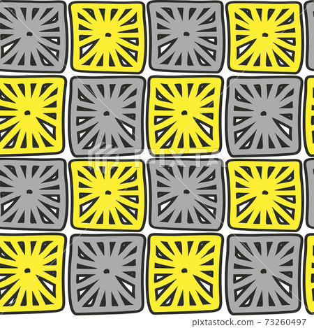 Hand drawn abstract patterned yellow and gray squares on white background.  73260497