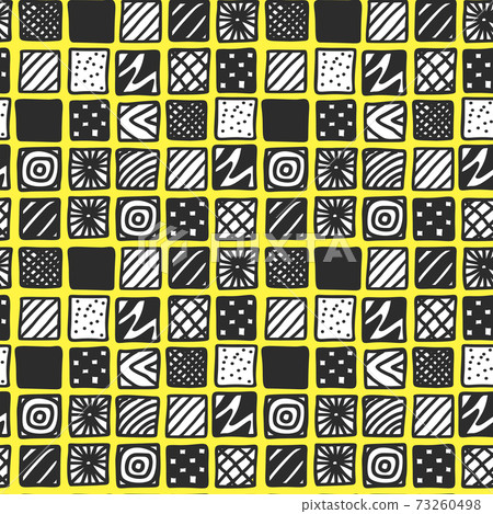 Vector seamless pattern. Hand drawn black and white patterned squares on yellow background. Vector seamless pattern. Hand drawn black and white patterned squares on yellow background. 73260498