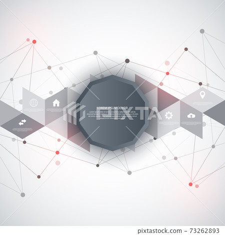 Information technology with infographic elements and flat icons. Abstract background with connecting dots and lines. Global network connection, digital technology and communication concept. 73262893