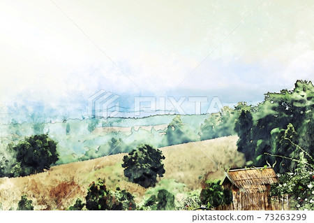 Abstract colorful shape on mountain peak and tree landscape on watercolor illustration painting background. 73263299