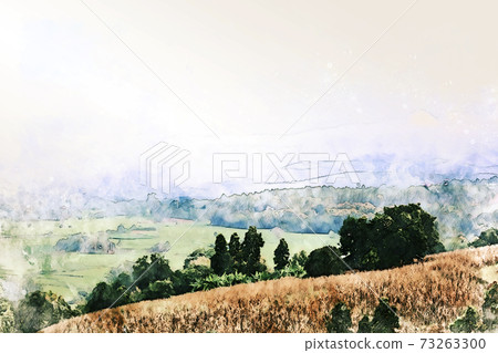 Abstract colorful shape on mountain peak and tree landscape on watercolor illustration painting background. 73263300