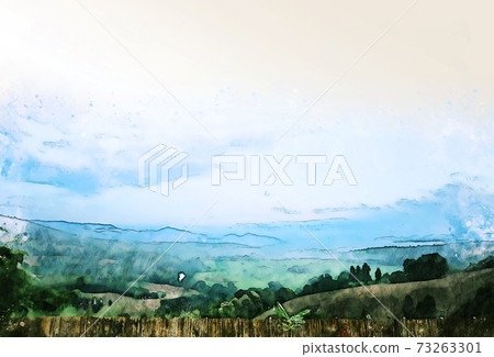 Abstract colorful shape on mountain peak and tree landscape on watercolor illustration painting background. 73263301