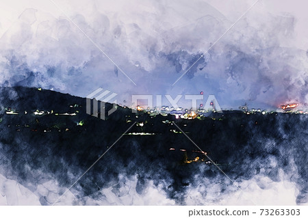Abstract colorful shape on mountain peak and tree landscape on watercolor illustration painting background. 73263303