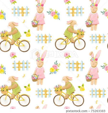 Beautiful vector seamless pattern with watercolor cute bunny boy on bike with basket of flowers and rabbit girl. Beautiful vector seamless pattern with watercolor cute bunny boy on bike with basket of flowers and rabbit girl. 73263383