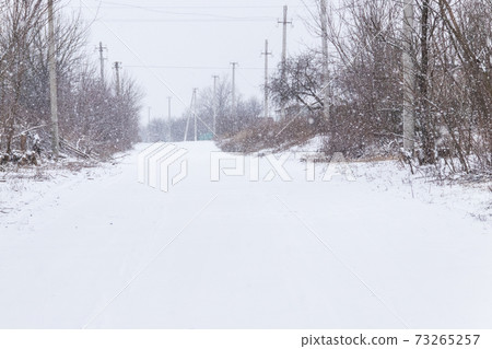 Snowy rural street during snowfall Snowy rural street during snowfall 73265257