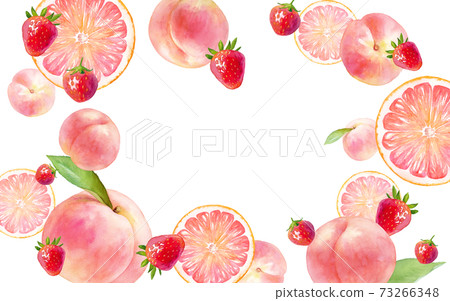 多汁的粉紅色水果包圍的框架設計。水彩插圖。桃子,草莓,粉紅葡萄 多汁的粉紅色水果包圍的框架設計。水彩插圖。桃子,草莓,粉紅葡萄 73266348