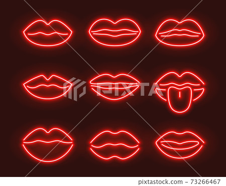 Neon lips kiss sign outline. Purple red sex day vector neon beauty background glow mouth 73266467