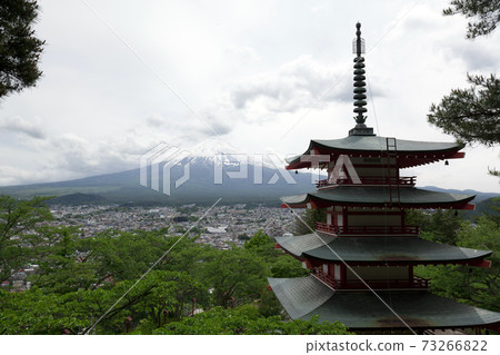 Mount Fuji and Chureito Pagoda in summer. Chureito pagoda is located in Fujiyoshida Japan. Mount Fuji and Chureito Pagoda in summer. Chureito pagoda is located in Fujiyoshida Japan. 73266822