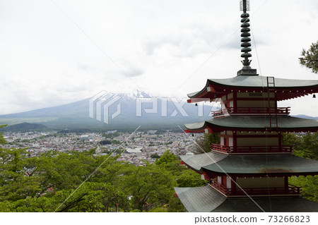 Mount Fuji and Chureito Pagoda in summer. Chureito pagoda is located in Fujiyoshida Japan. Mount Fuji and Chureito Pagoda in summer. Chureito pagoda is located in Fujiyoshida Japan. 73266823