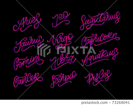 Zodiac lettering Vector Sign. Cartoon astrology text illustration. Horoscope handwritten icon set. Zodiac lettering Vector Sign. Cartoon astrology text illustration. Horoscope handwritten icon set. 73268041