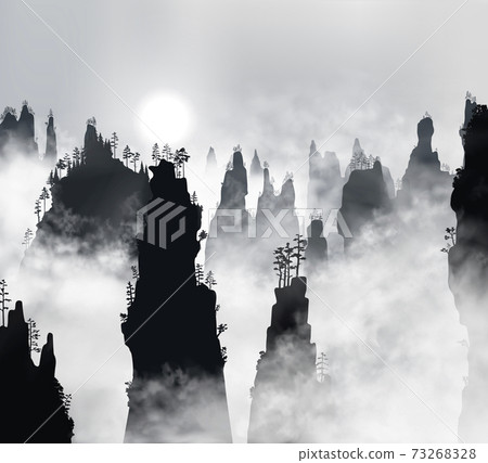 Tianzi Mountains or Avatar Mountains in the Zhangjiajie Forest Park covered with fog with sun 73268328