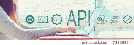 API - application programming interface concept with woman working on a laptop 73269834