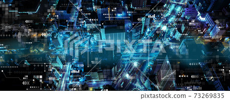 Technology screen with aerial view of city 73269835