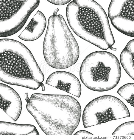 Hand drawn sketch style papaya seamless pattern. Organic fresh fruit vector illustration. Retro fruit background. 73270600