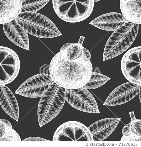 Hand drawn sketch style mangosteen seamless pattern. Organic fresh food vector illustration on chalk board. Retro fruit background. 73270615