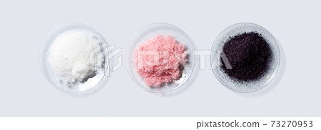 Cosmetic chemicals ingredient on laboratory table. Cetyl esters wax, Pink flake chemicals, Potassium permanganate. (Top View) Cosmetic chemicals ingredient on laboratory table. Cetyl esters wax, Pink flake chemicals, Potassium permanganate. (Top View) 73270953