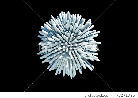 3D rendering of grey ball with not sharp sticks around it on black background. 73271389